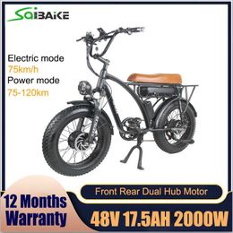 2000W Electric Bike Front Rear Dual Hub Motor 48V 17.5Ah Mountain Bike 20 inch Fat Ebike 4.0 Fat Tyre Snow Electric Bicycle