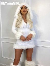 Casual Dresses HEYounGIRL Furry White Bodycon Mini Dresses Women Autumn Long Sleeve Hooded V Neck Dress Skinny Fuzzy Party Streetwear Winter P230407