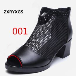 Dress Shoes Summer Cowhide Mesh Cool Boots Women Sandals Comfortable Soft High Heel 2023 Open Woman Fashion