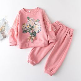 Kids Girls Clothing Sets Flower Embroidery Sports Sweatshirts Pants Toddler Girls Clothes Outfits 2-5Y