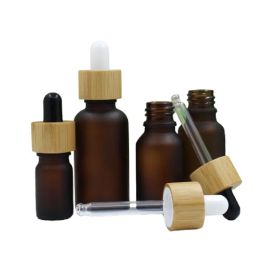Top Glass Dropper Bottle Bamboo Woode Lid Portable Empty Frost Brown Essential Oil Vials Refillable Container Cosmetic Packaging
