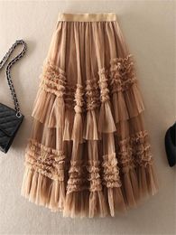 Capris Fashion Sweet Solid Colour Spring Autumn Petticoat Tulle Pleated Skirt Female 2022 New Elastic High Waist Mesh Cake Skirt Women