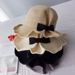 Berets Hat Woman Spring Summer Outing Bow Cotton Linen Sun Korean Fisherman Elegant Temperament Foldable