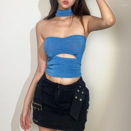 Women's Tanks Blue Exotic Hanging Neck Vest Off The Shoulder Y2k Women's Clothing Backless Slim Fit Tank Tops Female Hollow Out Crop Top