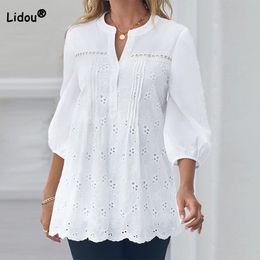 Women's Blouses Shirts Spring Summer Clothes for Women Allmatch White VNeck Hollow Out Pullover Nine Points Sleeve Blouse Lace Slim Elegant Shirt 230503