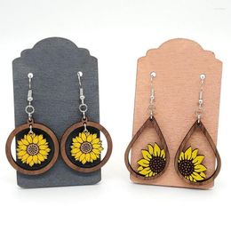 Dangle Earrings Wooden Yellow Sunflower Flower For Women Laser Cute Round Teardrop Solid Wood Boutique Jewellery Wholesale