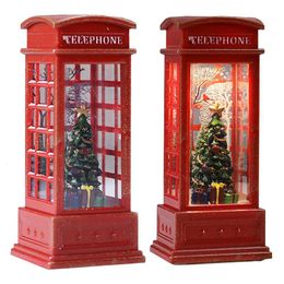 Decorative Objects Figurines Red Vintage Luminous Christmas Phone Booth Lantern Christmas Tree Snowman Santa Claus Figurine In Telephone Booth Christmas 230503