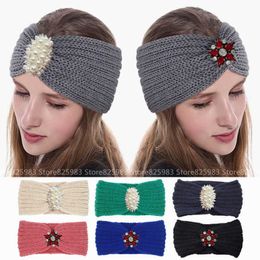 Headbands Women Pearl Rhinestone Knitted Headbands Winter Warm Crochet Wide Hair Bands Head Wrap Elastic Turban Lady Bandana Accessories J230502