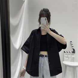 Women's Blouses 2023 Korean Fashion Shirts Short Sleeve Women Summer Solid Black Outwear Tops All-match Retro Womens Students