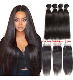 Brazilian Straight Human Virgin Hair 3 Bundles With 4x4 Lace Closure Bleached Knots 100g/pc Natural Black Color 1B Double Wefts Hair Extensions