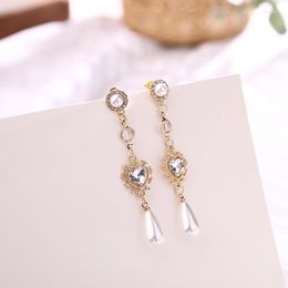 Backs Earrings Temperament Simple Retro Baroque Pearl Clip Heart Shaped Rhinestone On For Women Non Pierced Ears