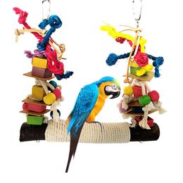 Toys Pet Bird Parrot Chew Toy Bird Perch Leather Colourful Wood Building Block Cotton Rope Big Conure Swing For Pet Birds Pet Supplies