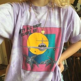 T-shirt kuakuayu HJN Party All Night Flight 88 TShirt Women Grunge Retro Style Tee 90s Fashion Tops Purple White