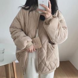 Parkas Autumn Winter Korean Style Women Oversize Jackets Vneck Puffer Corduroy Parkas Ladies Loose Warm Retro Wild Chic Coat