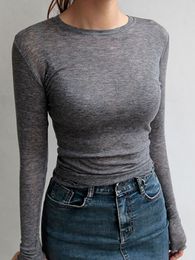 Women's T-Shirt Slim High Quality Plain T Shirt Women Cotton Elastic Basic T-shirts Female Casual Tops Long Sleeve Sexy Thin T-shirt see through 230503