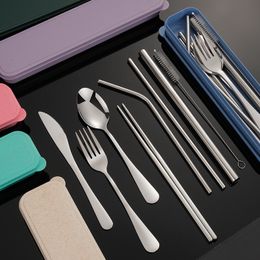 Dinnerware Sets 8 Piece Stainless Steel Cutlery Set Portable Cutlery Knife Fork Spoon Chopsticks High Quality Home Travel Cutlery With Box 230503
