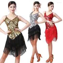 Stage Wear Women Professional Party Ballroom Latin Tango Modern Jazz Rumba Salsa Dance Dress Skirt Practice Sequins Fringe Tassel 9Co