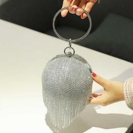 Evening Bags New Fringed Spherical Bag Diamond Handbag Rhinestone Wedding Purse Bridal Gift Party Clutch Glitter Silver Gold 230427