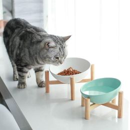 Feeding Cat Ceramic Food Water Bowl with Wood Stand Small Dog Eating Drinking Feeder Pet Bevel Feeding Supplies Protect Cervical Spine