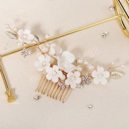 rhinestone hair accessory ceramic flower faux pearls shining hair comb handmade jewelry gifts for girls women ornaments