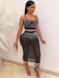 Work Dresses Black Apricot Women 2 Piece Matching Sets Night Birthday Party Club Bar Outfits Camisole Backless Crop Top Bodycon Sheath Skirt