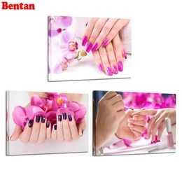 Stitch 5d DIY Diamond Painting Purple Orchid Flowers Nail Painting Hands Spa Pictures Beauty Salon Cross Stitch Diamond Embroidery 3pcs