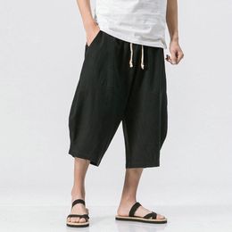 Pants Chinese Style Summer Men Linen Pants 2023 Men Wide Leg Trousers Male Drop Crotch HipHop Man Joggers CalfLength Pants Track Pant