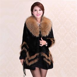 Parkas New Women's Real Genuine Natural Rabbit Fur Coat with Raccoon Fur Collar Girl's Fashion Long Jacket Outwear Custom Any Size