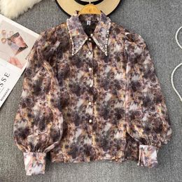 Women's Blouses French Spring Long Sleeve Beaded Loose Single-breasted Floral Sweet Chic Chiffon Blouse