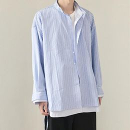 Men's Casual Shirts PFNW Spring Summer Men's Real Two Pieces Striped Niche Double Collar Design Simple Cotton Button Leisure Tops