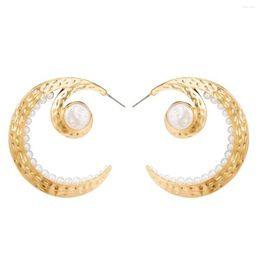 Hoop Earrings Exaggerated Vintage C Shape Metal Big Moon For Women Elegant Imitation Pearl Wedding Party Jewelry Aretes