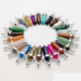 Charms Sier Colour Metal Natural Stone Pillar Pendum Chakra Hexagonal Prism Healing Crystal Reiki Point Pendants For Necklace Jewellery Dhv3N