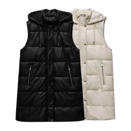 Waistcoats Winter Clothes Women Fashion Faux Leather Padded Long Vest Jacket Hooded Coat Vintage PU Female Waistcoat Chic Tops