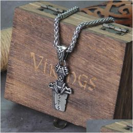 Pendant Necklaces Antiquing Nordic Stainless Steel Rune Broken Sword Odin Symbol Amet Necklace With Wooden Box Drop Delivery Dhgarden Dh26E