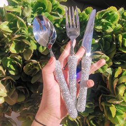 Dinnerware Sets Dinnerware Set 3 Pieces Cutlery Set Stainless Steel Western Tableware Classic Dinner Set Knife Fork Manual Mosaic Rhinestones 230503