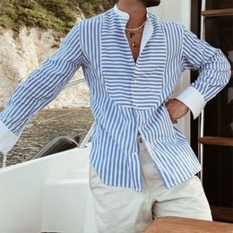 Men's Casual Shirts Men's Hawaiian Patchwork Striped Long Sleeve Shirt Fashion Casual High Quality Vacation Stand Collar Quick Dry Shirt Fall 230503