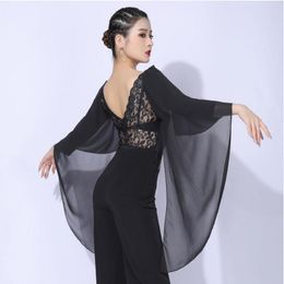 Stage Wear Female Latin Dance Bodysuit Mesh Sleeve Ballroom Tops Lace Back Cha Samba Rumba Peformance Clothes 2221Y