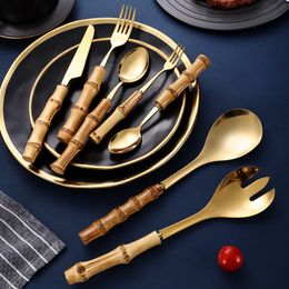 Dinnerware Sets 7Pcs Nature Bamboo Gold Cutlery Set Stainless Steel Creativity Gift Silver Flatware 304 Knife Salad Fork Spoon Drop 230503