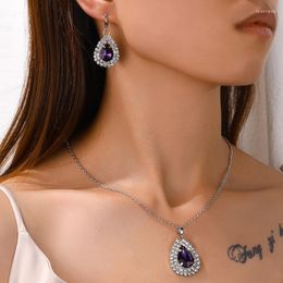 Pendant Necklaces 3pc Lucky Amethyst Water Drop Jewelry Set For Women White Zircon Earrings Necklace Birthday Party Gift