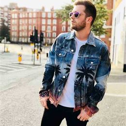 Fashiondemon Autumn New Men's Women's Clothing Denim Jacket Coat Washed Hole Frayed Outerwear Vintage Coconut Palm Print Hip Hop Jacketsp1vflr