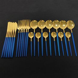 Dinnerware Sets 24Pcs/Set Blue Gold Cutlery Set 304 Stainless Steel Dinnerware Silverware Flatware Set Dinner Knife Fork Tea Spoon Drop 230503