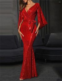 Party Dresses Sparkle Sexy Mermaid/Trumpet Evening Dress Wedding Guest V Neck Three Quarter Sleeve Floor Length Sequin With Ribbon Prom