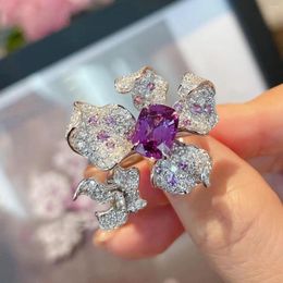 Cluster Rings Brilliant Purple Zirconia Large Flower Ring Female Opening Luxury Full Diamond Elegant Temperament Jewellery Birthday Wedding