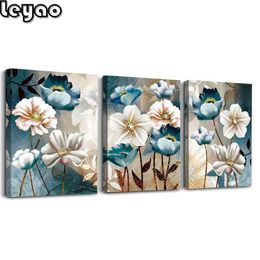 Stitch 3 Piece Lotus Flower Diamond Painting Triptych for Living Room White And Indigo Blue Floral Picture Wall Decor for Office Room