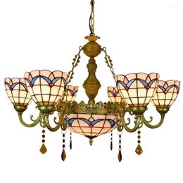 Chandeliers 32 " Stained Glass Style Magnolia Lamp Shades 6 Arm Chandelier With 12 Inches Inverted Ceiling Pendant For