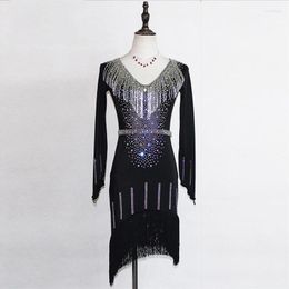 Stage Wear Latin Dance Dress Women Performance Flapper Diamond Tassel Long Sleeve V-Neck Latino Dancing Competition Dresses