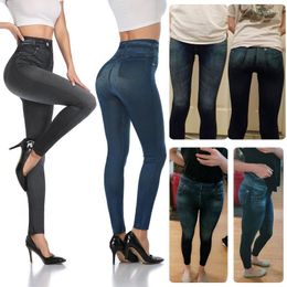 Women's Leggings 2023 Seamless High Waist Faux Denim Women Casual Elastic Pocket Jeans Print Pants Skinny Pencil Leggins Mujer