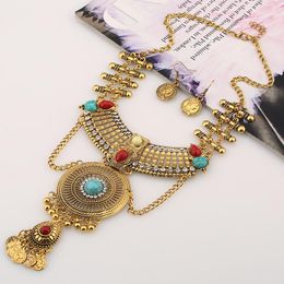 Necklace Earrings Set Boho Retro Golden For Women Luxury Turquoises Long Pendant Bollywood 2023 Jewellery