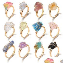 Cluster Rings Wire Wrap Healing Natural Stone Druzy Crystal Gold Adjustable Amethyst Lapis Pink Quartz Women Ring Party Jewe Dheq4