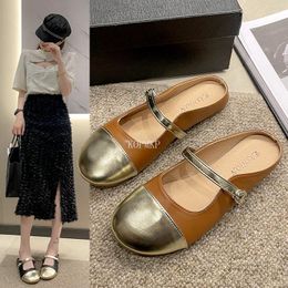 Sandals 2023 Design Women Gold Patchwork Shallow Round Toe Singbacks Flat Heels Casual Party Mules Ladies Shoes 35-43